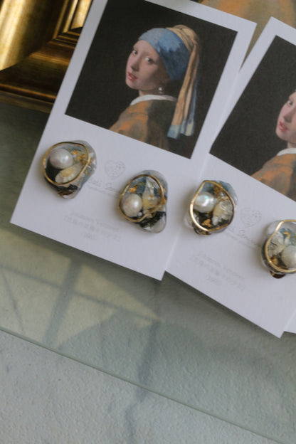 Vermeer's Inspired Flower & Pearl Earrings  No.5 イヤリング Clip-on 真珠の耳飾りの少女