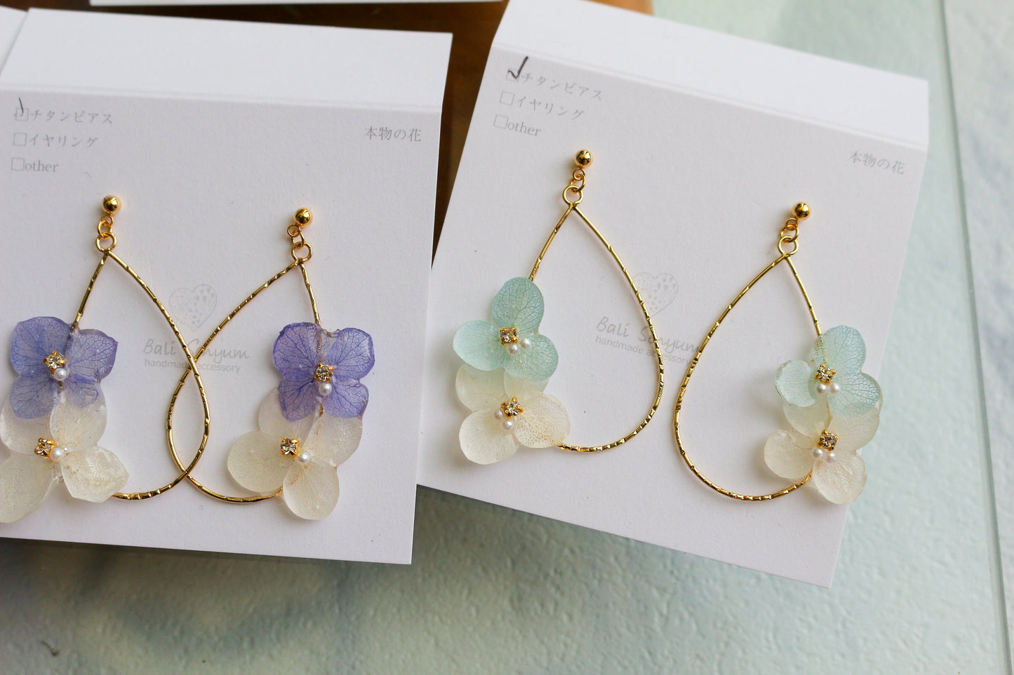 Teardrop Hoop Earrings with Hydrangeas No.15