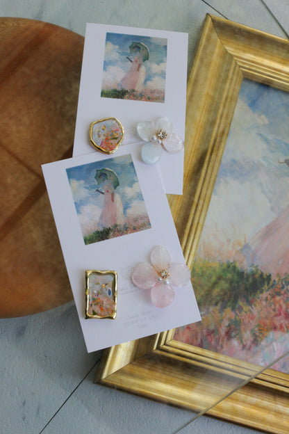 Monet Inspired Flower Earrings No.14 ピアスTitanium Pierce 日傘をさす女性