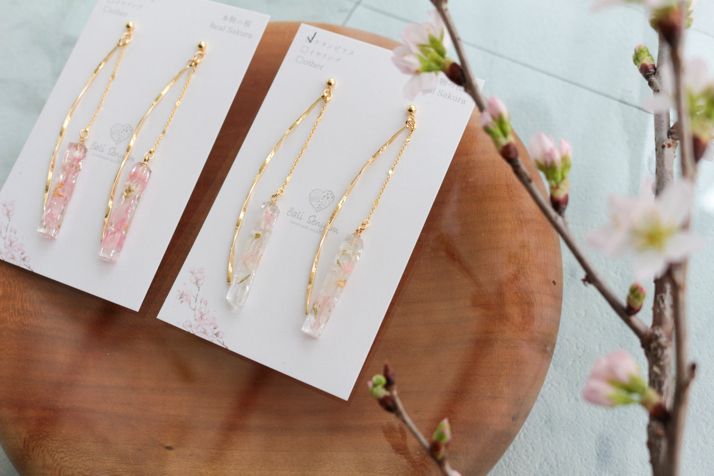 Dangling Sakura Flower Stick 2 Earrings with Pearl