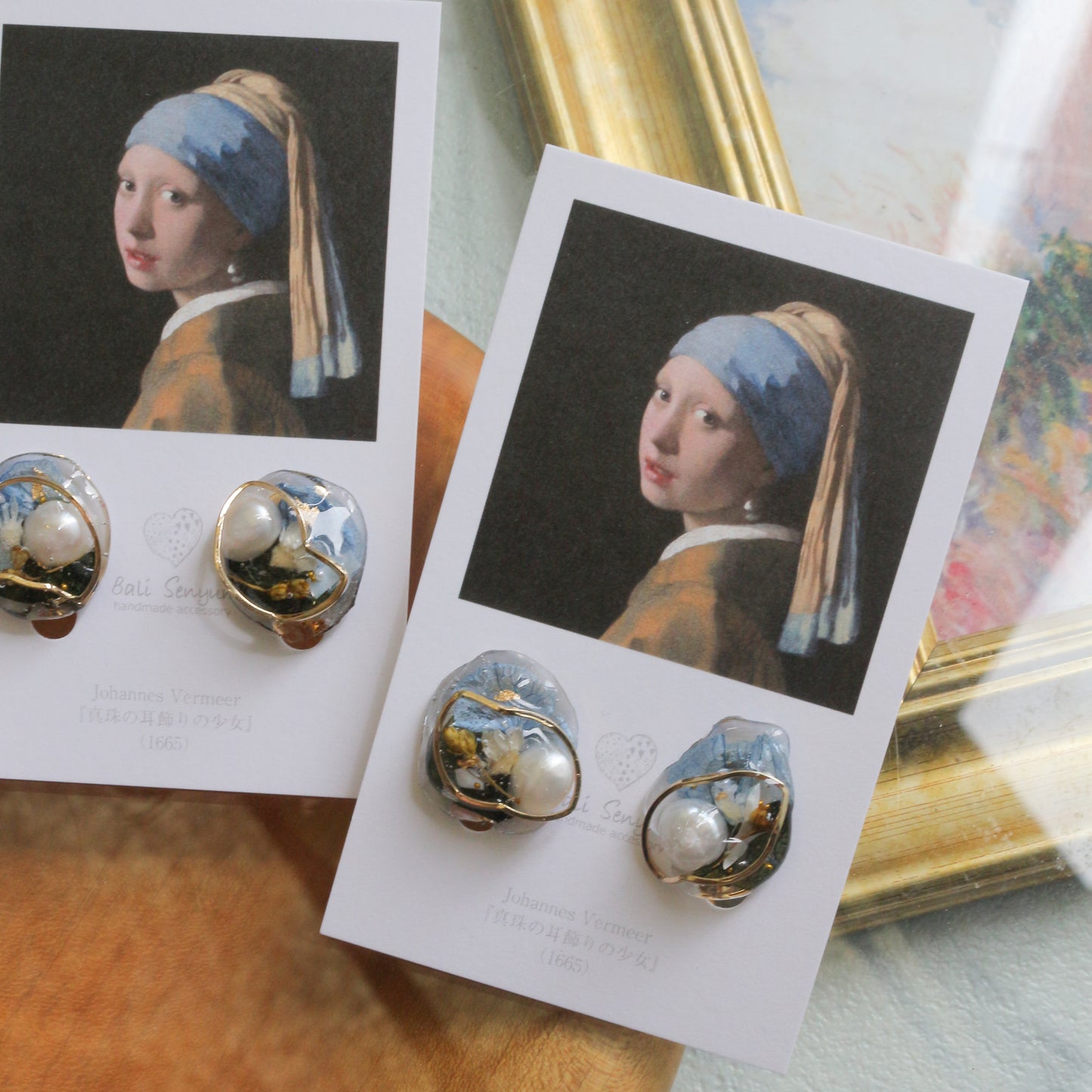 Vermeer's Inspired Flower & Pearl Earrings  No.3 イヤリング Clip-on 真珠の耳飾りの少女