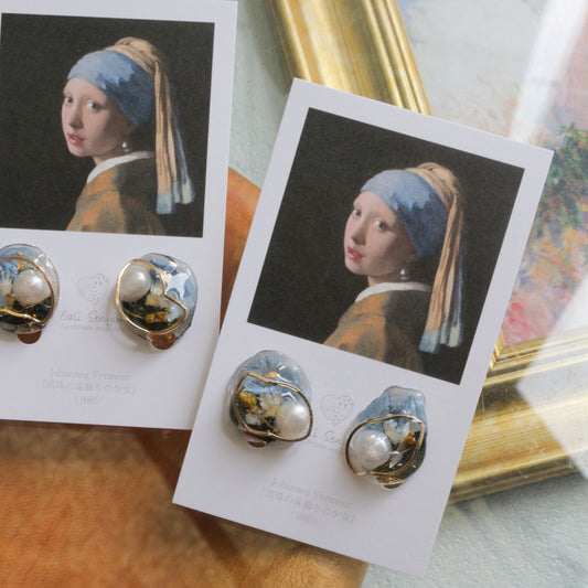 Vermeer's Inspired Flower & Pearl Earrings  No.3 イヤリング Clip-on 真珠の耳飾りの少女