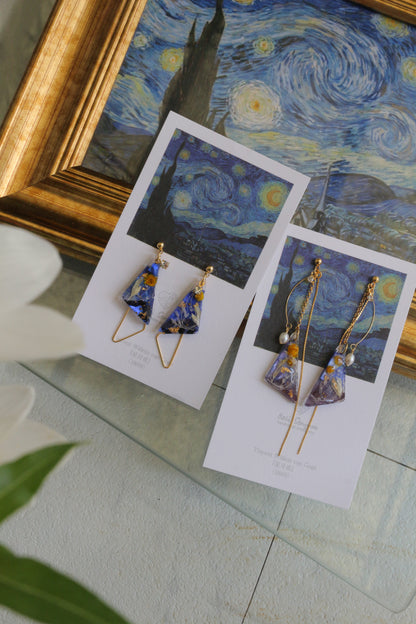 Gogh The Starry Night Inspired Triangular Floral Earrings-星月夜