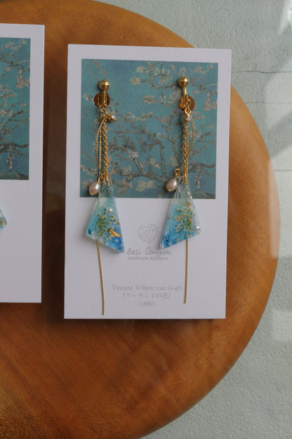 Gogh Almond Tree in Blossom Inspired Triangular Floral Earrings-アーモンドの花