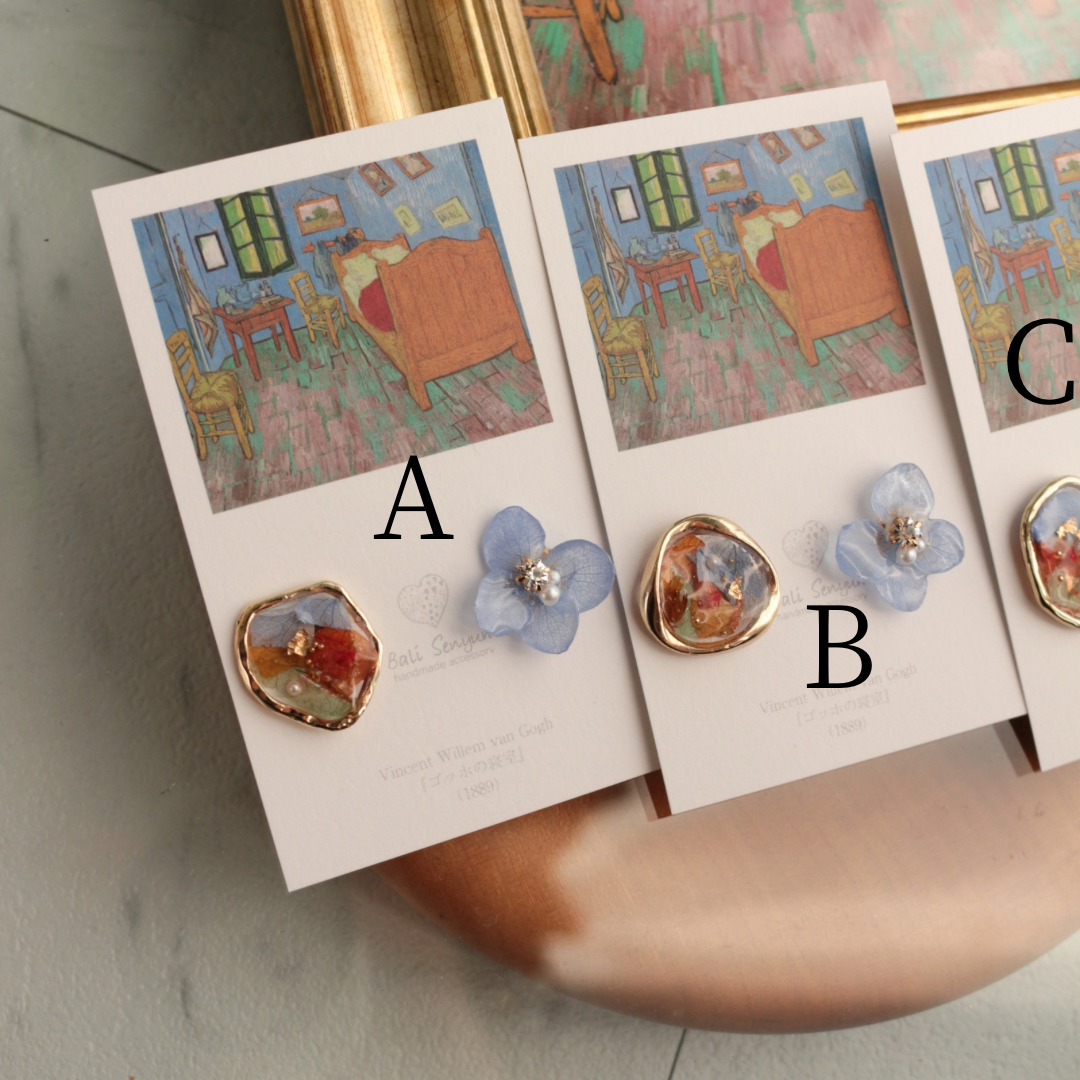 Gogh Inspired Flower and Medallion Earring No.3 ピアスTitanium Pierce ゴッホの寝室