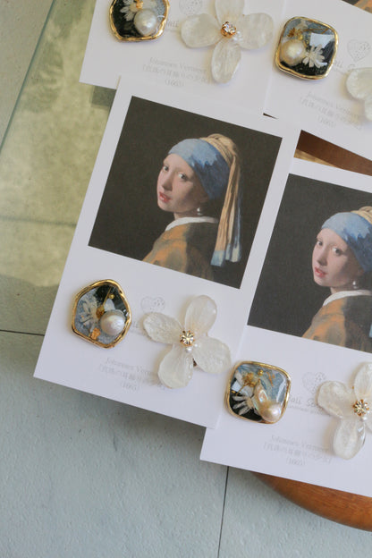 Vermeer's Inspired Flower and Medallion No.4 イヤリング Clip-on 真珠の耳飾りの少女