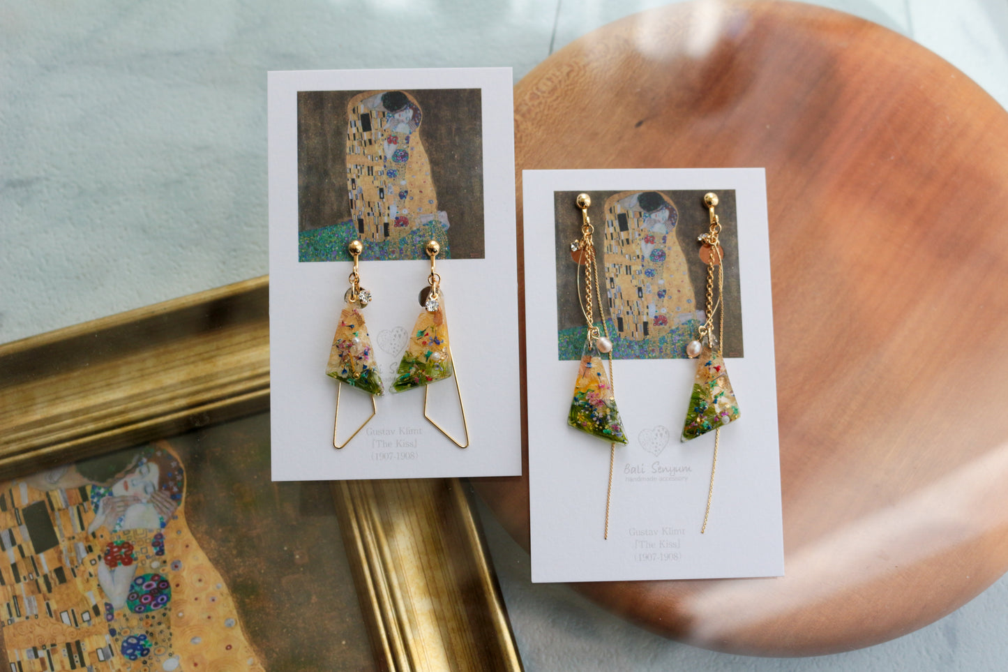 Gustav Klimt Inspired Triangular Floral Earrings - Kiss