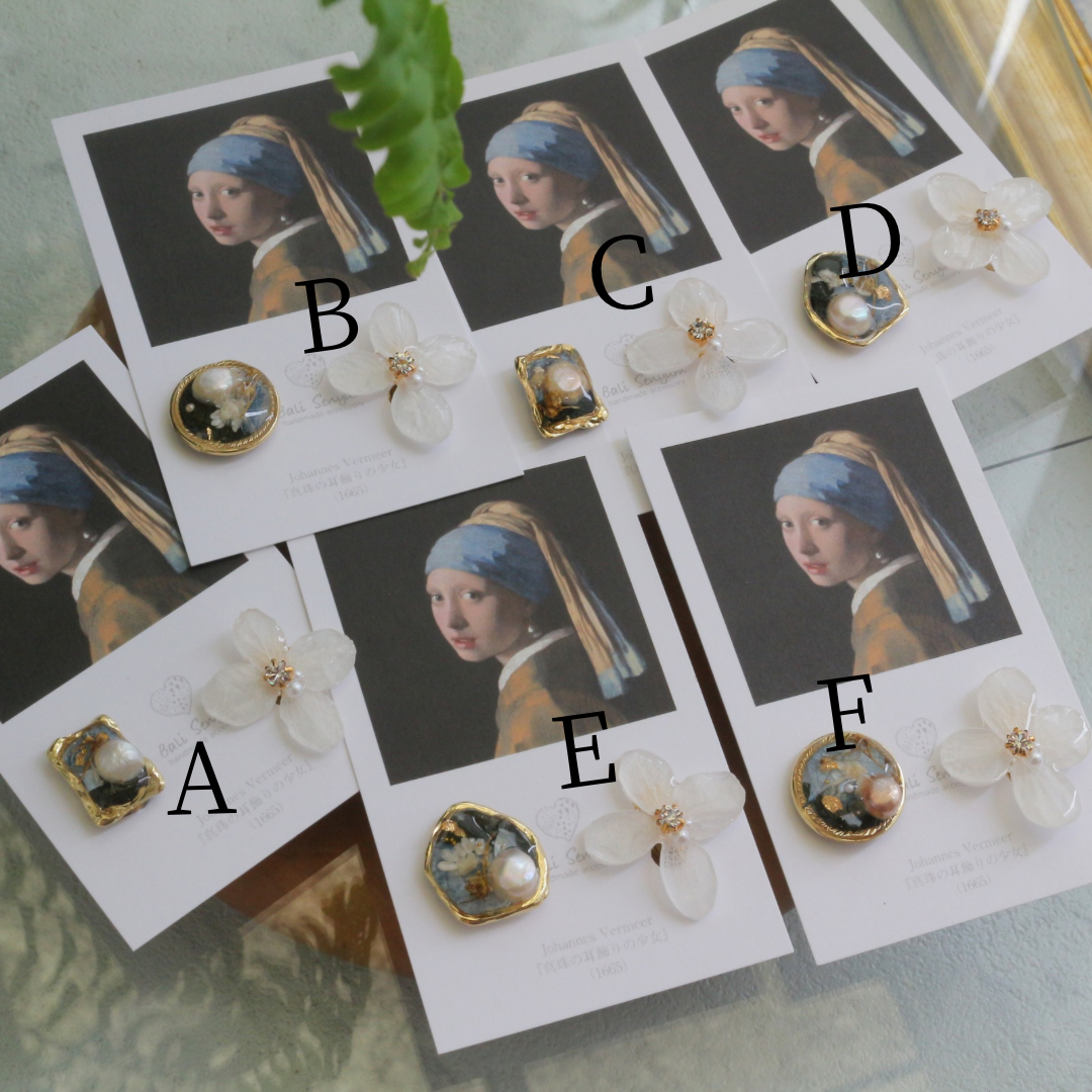 Vermeer's Inspired Flower and Medallion No.5 イヤリング Clip-on 真珠の耳飾りの少女