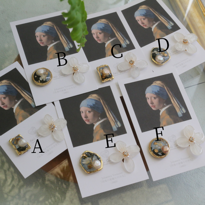 Vermeer's Inspired Flower and Medallion No.5 イヤリング Clip-on 真珠の耳飾りの少女
