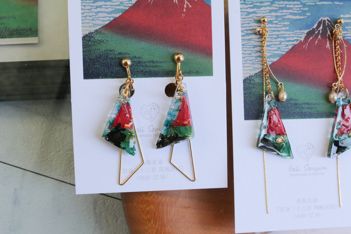Hokusai Katsushika Inspired Triangular Floral Earrings -『富嶽三十六景』