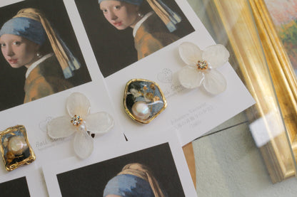 Vermeer's Inspired Flower and Medallion No.5 イヤリング Clip-on 真珠の耳飾りの少女