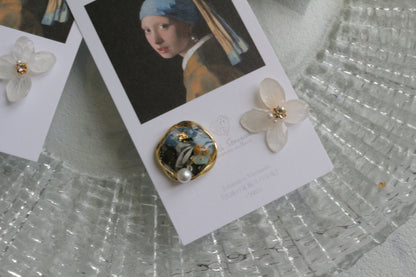 Vermeer's Inspired Flower and Medallion No.2 イヤリング Clip-on 真珠の耳飾りの少女