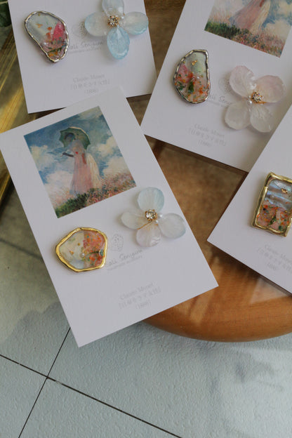 Monet Inspired Flower Earrings No.16 ピアスTitanium Pierce 日傘をさす女性