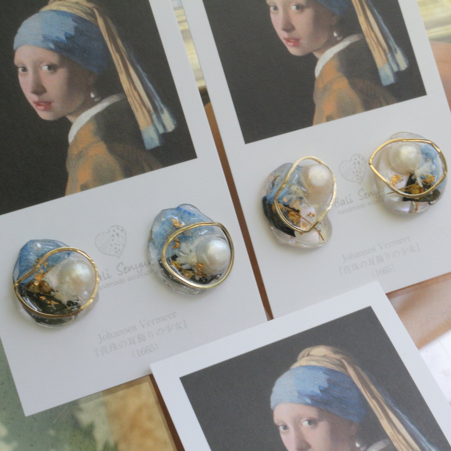 Vermeer's Inspired Flower & Pearl Earrings  No.1 イヤリング Clip-on 真珠の耳飾りの少女