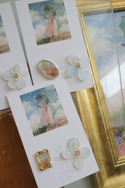 Monet Inspired Flower Earrings No.17 ピアスTitanium Pierce 日傘をさす女性