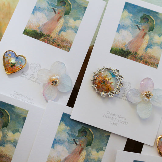 Monet Inspired Flower Earrings No.6 ピアスTitanium Pierce 日傘をさす女性