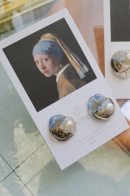 Vermeer's Inspired Flower & Pearl Earrings  No.1 イヤリング Clip-on 真珠の耳飾りの少女