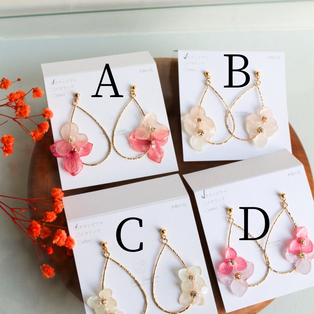 Teardrop Hoop Earrings with Hydrangeas No.17