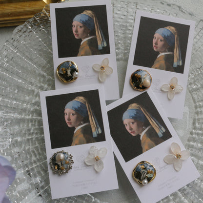 Vermeer's Inspired Flower and Medallion No.2 イヤリング Clip-on 真珠の耳飾りの少女