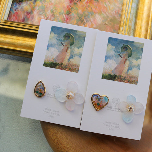 Monet Inspired Flower Earrings No.7 ピアスTitanium Pierce 日傘をさす女性