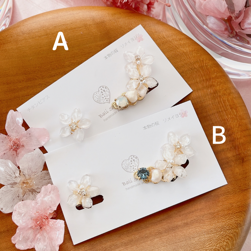 Someiyoshino Double Sakura Earring and Ear Cuff 〜 White #S026