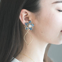 Blue Three Layer Flower with Wave Hoop Earrings No.2