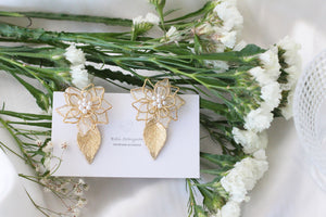 Three Layer Flower Earrings with Small Gold Leaf