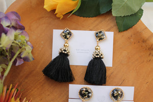 Black Tassel Earrings with Real Flowers