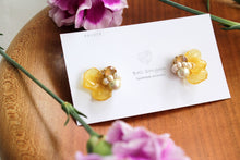Beautiful Yellow Hydrangea Petal Earrings with Cotton Pearl and a Swarovski gem - 2022APR