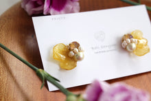Beautiful Yellow Hydrangea Petal Earrings with Cotton Pearl and a Swarovski gem - 2022APR
