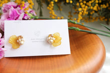 Beautiful Yellow Hydrangea Petal Earrings with Cotton Pearl and a Swarovski gem - 2022APR