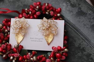 Three Layer Flower Earrings with Small Gold Leaf