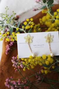 Yellow Sakura Earrings with Japanese Cotton Pearl Chain