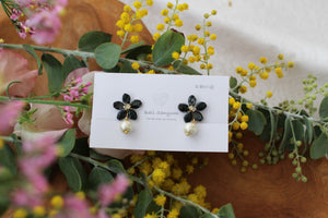 Small Black Sakura Earrings with Japanese Cotton Pearl